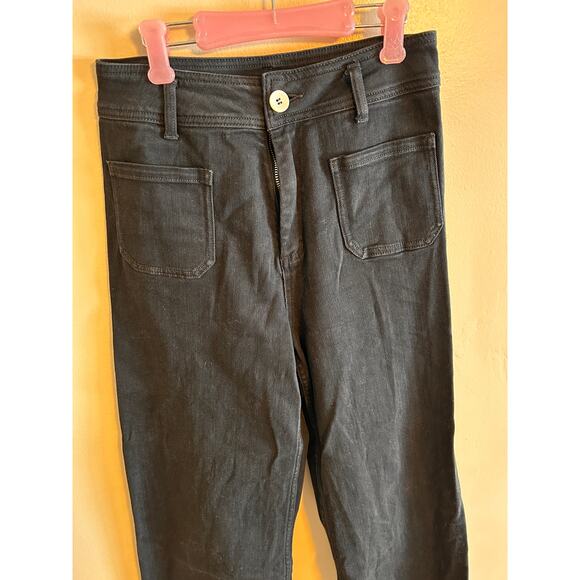 Miou Muse Wide Leg Jeans Medium Black Raw Hem High Rise Patch Pocket - Picture 4 of 6